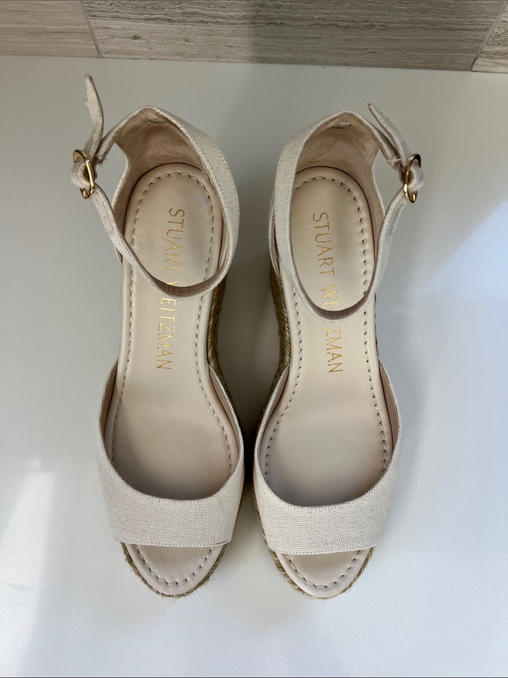 Stuart Weitzman espadrille open toe wedges heels sandals natural cream canvas - Picture 4 of 9